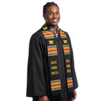 Black Grads Matter handwoven Kente cloth graduation stole with red, green, and gold stripes and black fringe