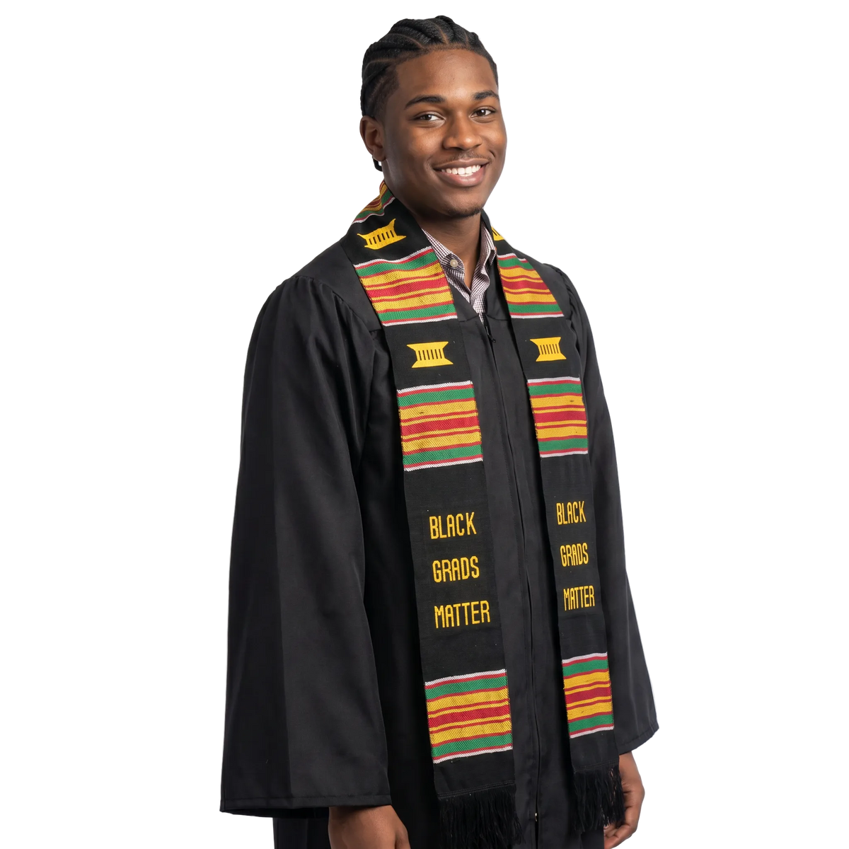 Black Grads Matter handwoven Kente cloth graduation stole with red, green, and gold stripes and black fringe