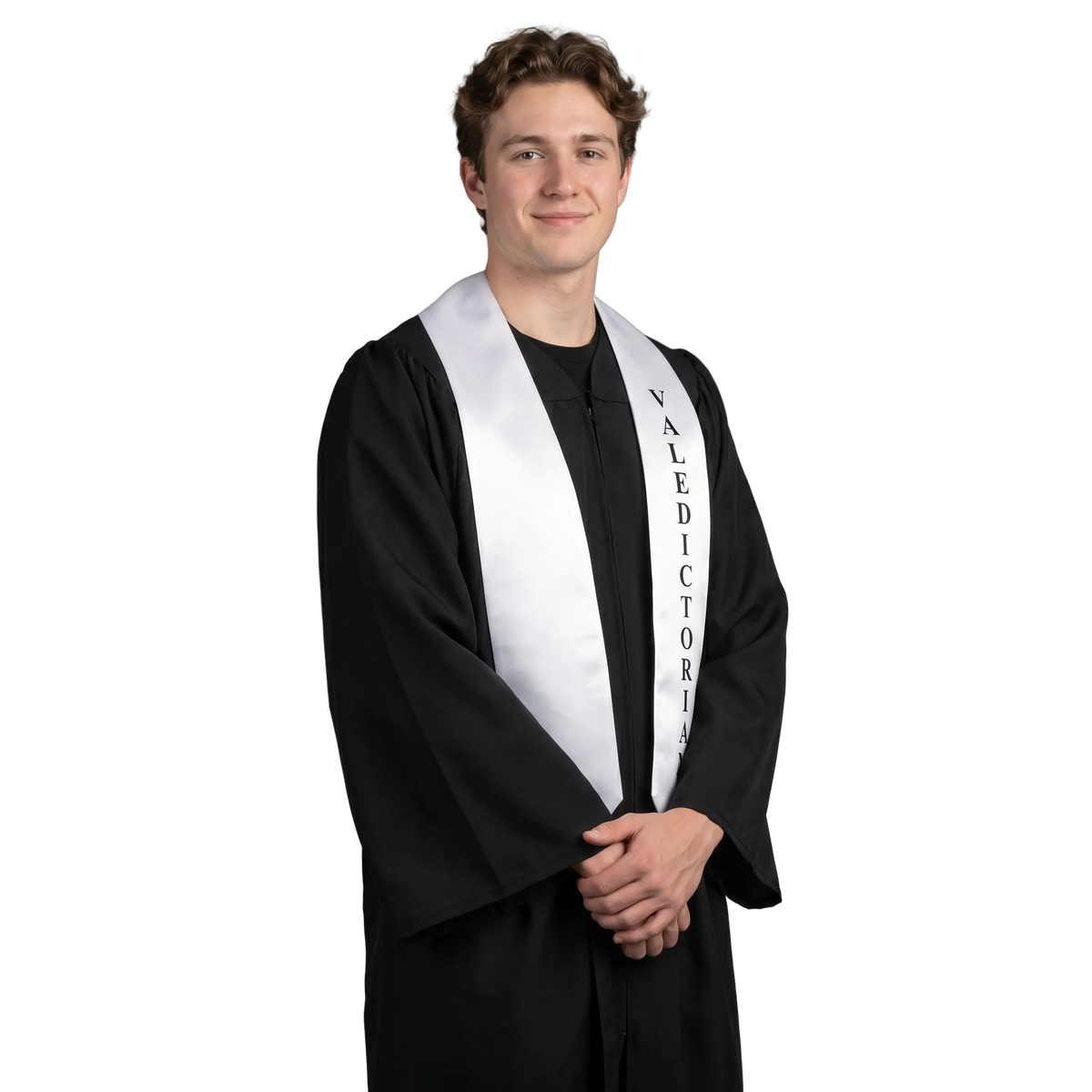 White valedictorian graduation stole with black lettering – satin honor stole for high school and college graduation